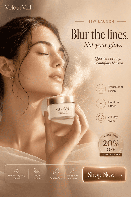 VelourVeil luminous setting powder launch ad, soft beige tones, 'Blur the lines. Not your glow.'