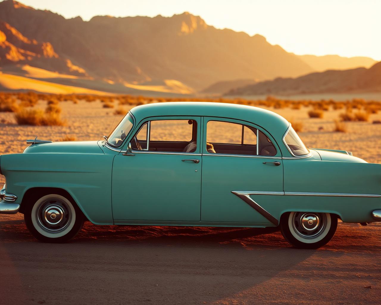 Vintage car in desert at golden hour, symmetric