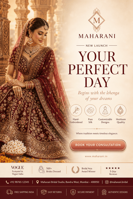 Maharani bridal couture ad, opulent red lehenga, 'Your perfect day — begin with the things of your dreams.'