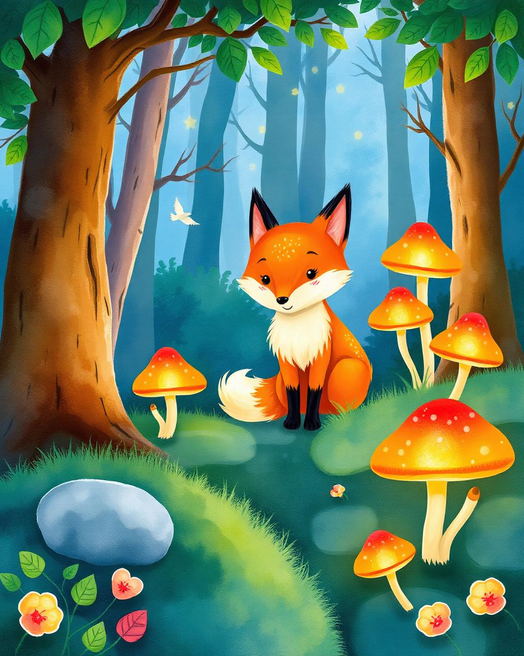 Fox in enchanted forest with glowing mushrooms