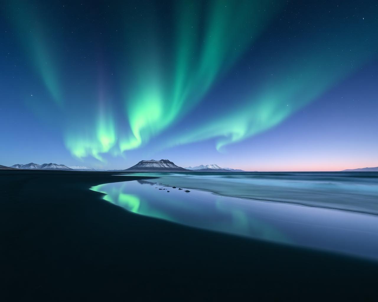 Aurora borealis over Iceland black sand beach