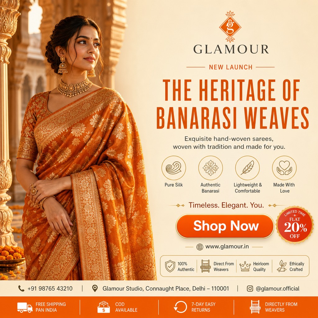 Glamour Banarasi saree heritage launch ad, rich gold and saffron, 'Timeless. Elegant. You.'