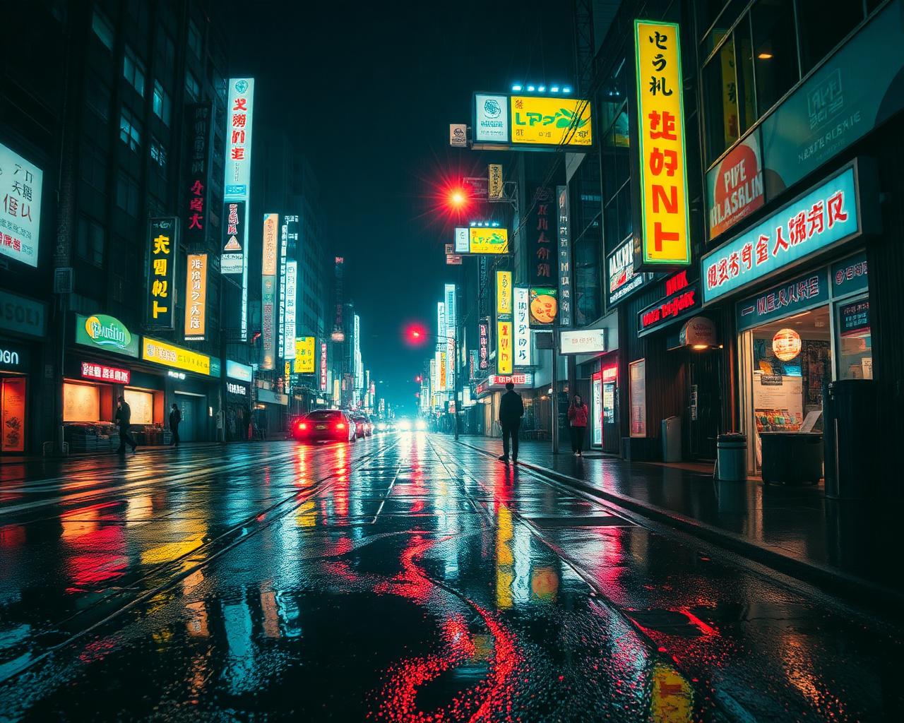 Cyberpunk Tokyo, rain reflections, neon kanji